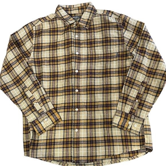 Eddie Bauer Tan Plaid  Mens Large Cotton Flannel Long Sleeve Shirt - Picture 1 of 6